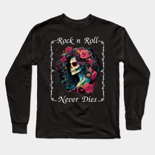 Groovy Rock n Roll Never Dies Rockabilly Girl Skull Rose Tattoo Long Sleeve T-Shirt